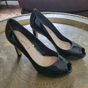 Black Patent Leather Peep Toe Heels